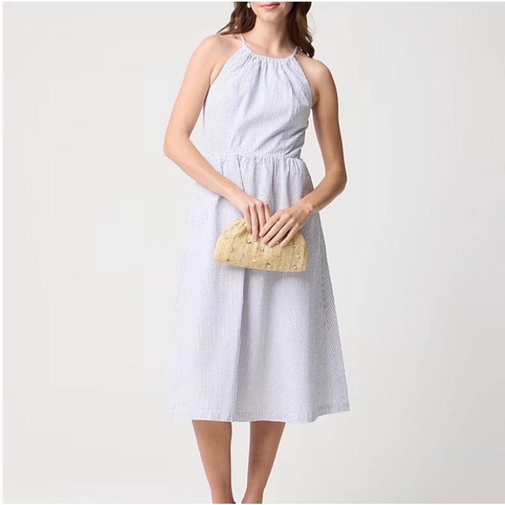 J.Crew Factory Halter Seersucker Stripe Midi Dress Blue White‎ 14 Sum 2024